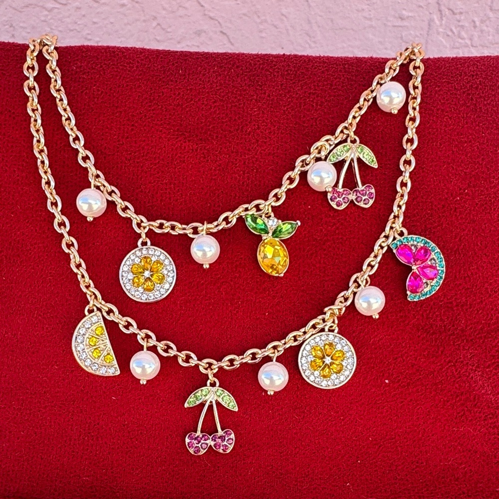 Monet Gold Necklace with Colorful Charms and Pearls